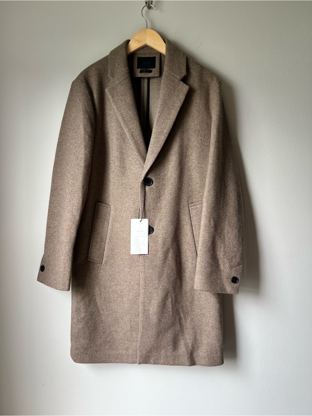 Zara Men Wool Blend Coat in Taupe Brown Size M